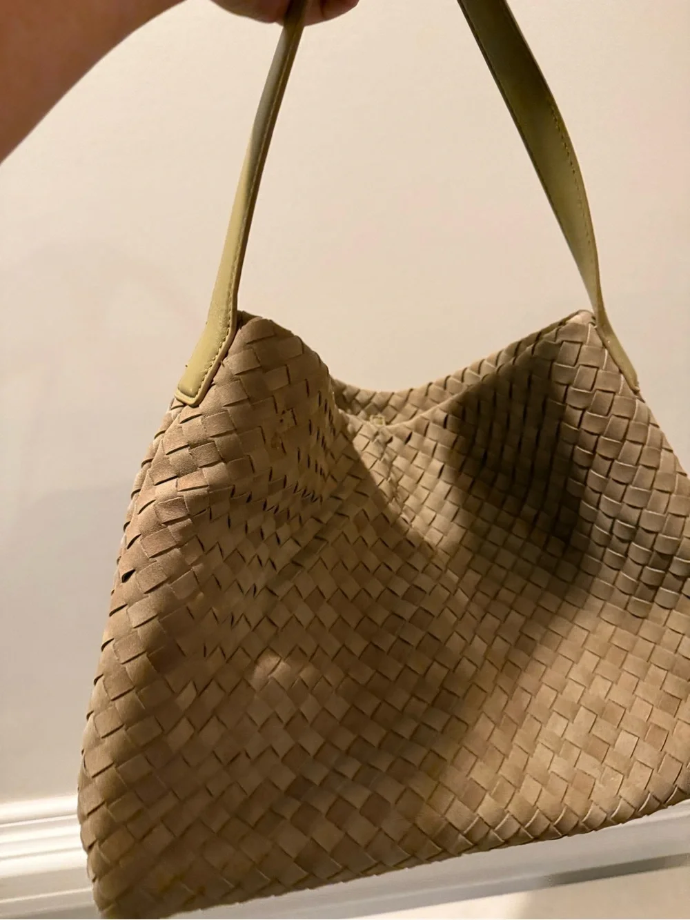 Woven Suede Shoulder Bag in Tan